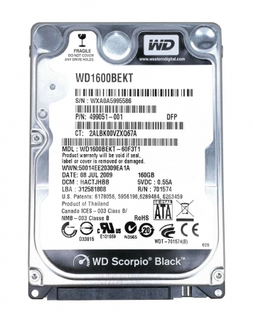 Жесткий диск Western Digital WD1600BEKT-60V5T1 160Gb 7200 SATAII 2,5" HDD