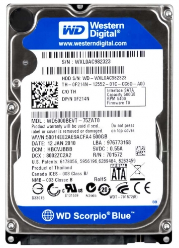 Жесткий диск Western Digital WD5000BEVT-22ZAT0 500Gb 5400 SATAII 2,5" HDD